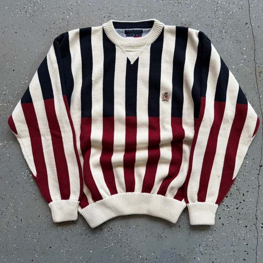 Vintage 90s Tommy Hilfiger Vertical Stripe Crest Logo Knit Sweater, Men's Medium